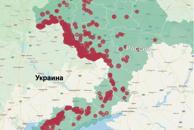 Карта обстрелов России со стороны ВСУ за неделю с 4 по 10 мая. На территории Воронежской области 10 красных точек | Источник: Родион Мирошник / max.ru