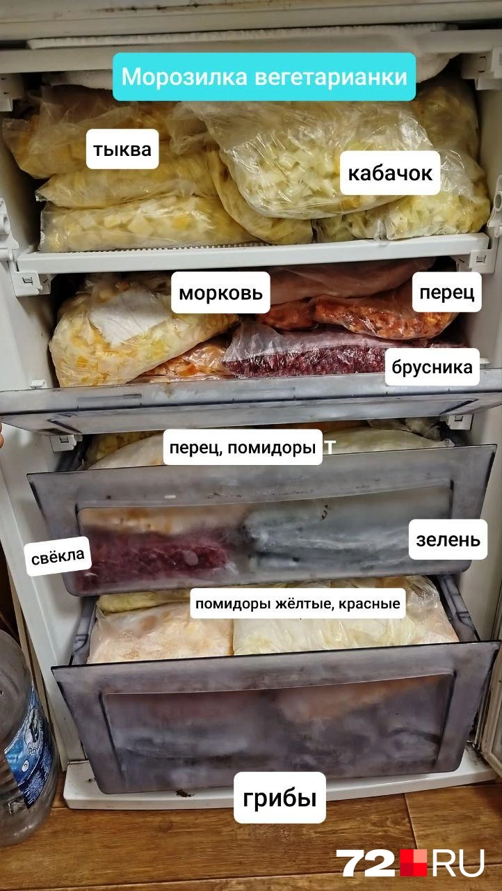А это морозилка вегетарианки, стаж 17 лет. Смотрите, какое разнообразие овощей и даже есть грибочки  | Источник: читатель 72.RU
