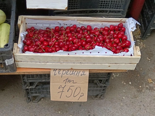 Ярко-красная черешня, по словам продавцов, отличается сортом от привычных горожанам темных ягод | Источник: Анна Гаус