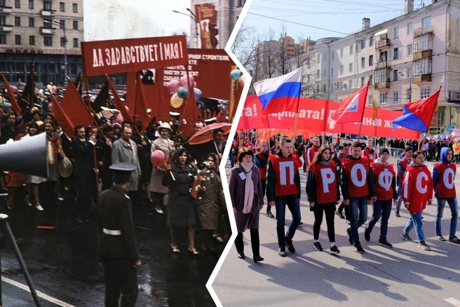 Демонстрация на Октябрьской площади с разницей в 40 лет | Источник: Государственный архив Пермского края, архив 59.RU