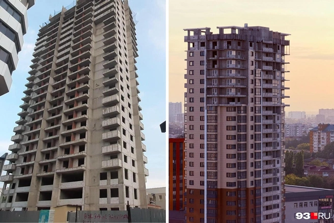 ЖК «Заря». 1 фото — июль 2019 года, 2 фото — октябрь 2026-го | Источник: наш.&nbsp;дом.рф; Дарья Паращеко / 93.RU