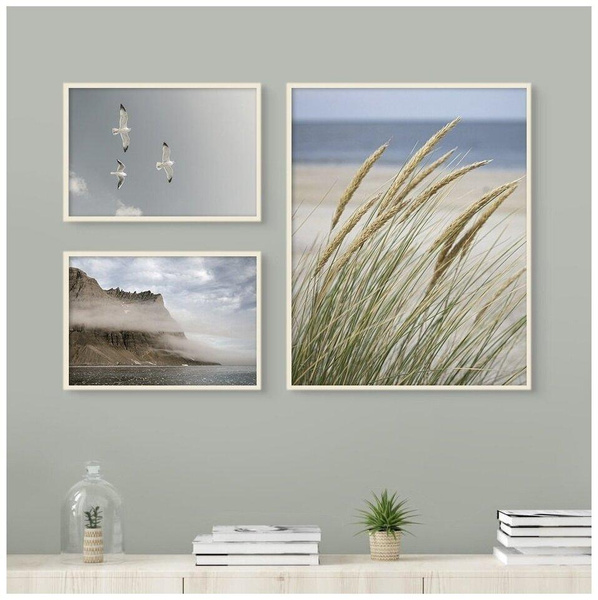 3 постера без рамки «Трава на берегу океана и чайки»