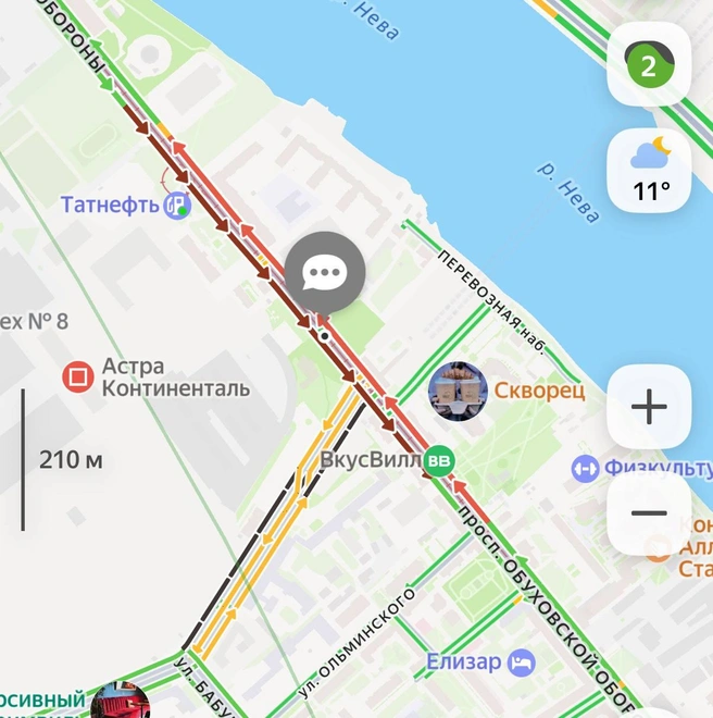 Судя по данным «Яндекс Карт», пробка растянулась от проспекта Обуховской Обороны, 28 до сада Фонтанчик у дома № 85 | Источник: скриншот