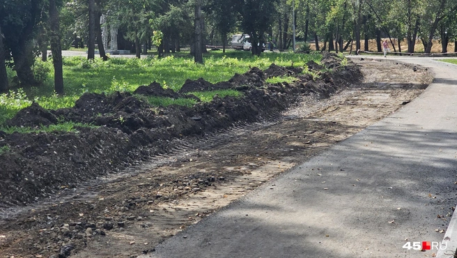 Земля и старый асфальт навалены на траву | Источник: Дарья Никитченко / 45.RU