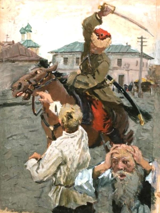 Алексей и Сергей Ткачёвы. Иллюстрация к роману «Как закалялась сталь» (Серёжа Брузжак защищает старика-еврея от петлюровца) | Источник: Хроники эпохи Реставрации