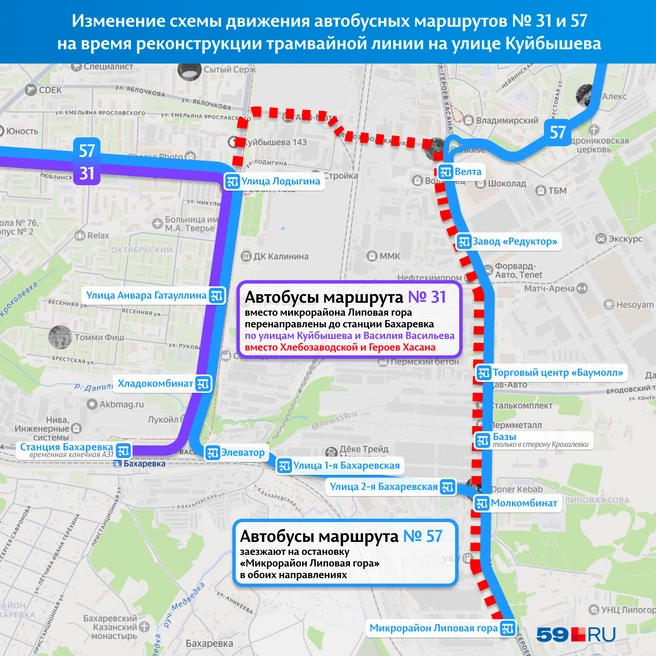 31-й маршрут перенаправят на Бахаревку, на Липовой горе его заменит 57-й | Источник: «Яндекс Карты»; Кирилл Хафизов / 59.RU