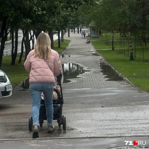 Мамам с колясками приходится идти по небольшому сухому «островку» | Источник: Виктория Денисова / 71.RU