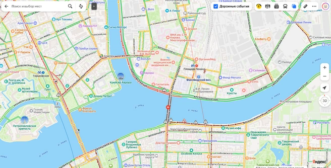 В центре Петербурга скопились пробки на подъездах к мостам | Источник: Яндекс.Карты
