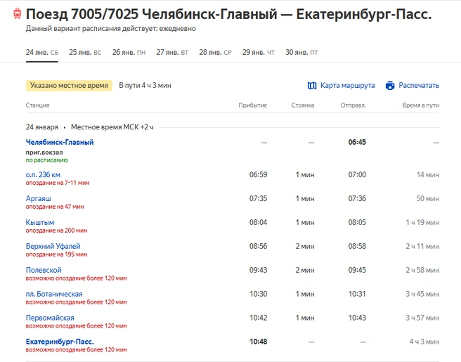 В Верхний Уфалей поезд опоздал уже на 3,5 часа | Источник: rasp.yandex.ru
