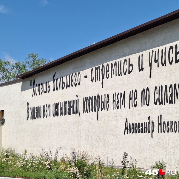 Цитата Александра Носкова на здании спортивного центра в селе Кетово | Источник: Александр Лисихин /45.ru 