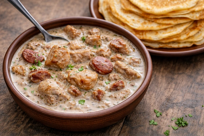 Густая мачанка с мясом и колбасой превращает обычные блины в сытное праздничное блюдо | Источник: GPT