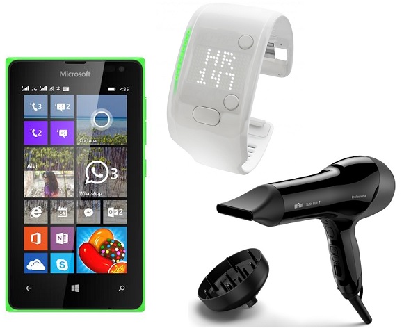 Смартфон Microsoft Lumia 435, Фен Braun Professional Sesnsodryer,Браслет Adidas miCoach Fit Smart