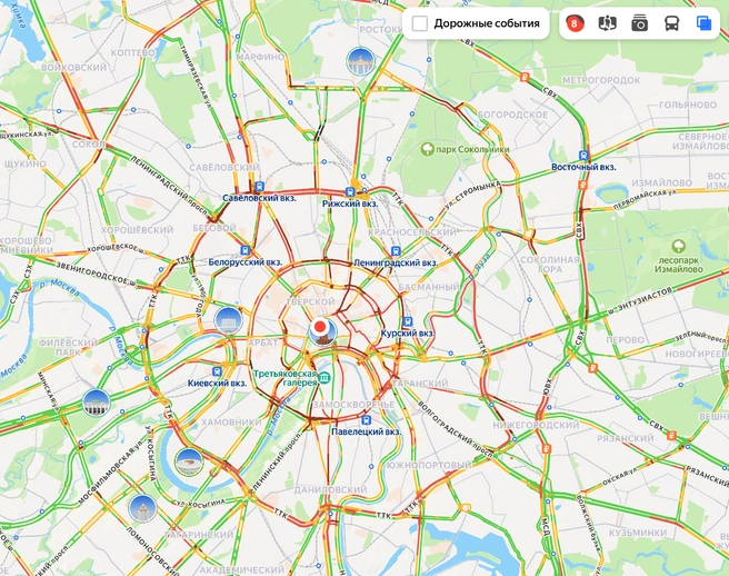 В Москве пробки в 8 баллов | Источник: Яндекс.Карты