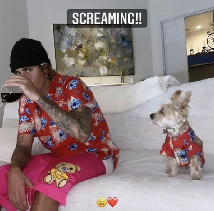 Family look: Джастин Бибер и его собака в одинаковых гавайских рубашках