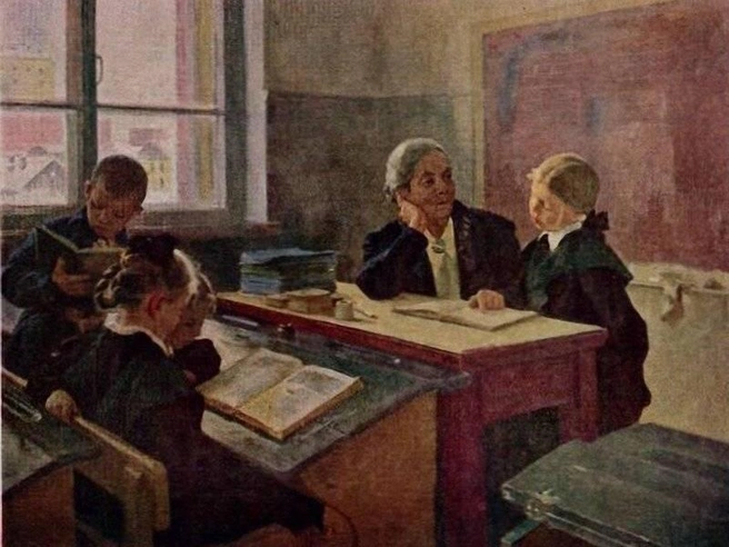 «Дополнительные занятия в школе», художник Д. Прускин, 1950-е годы. | Источник: electro.nekrasovka.ru