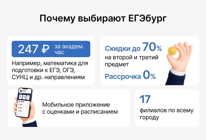 Развитая инфраструктура, гибкое расписание и адекватная ценовая политика позволяют готовиться сразу по трем предметам ЕГЭ | Источник: ЕГЭбург