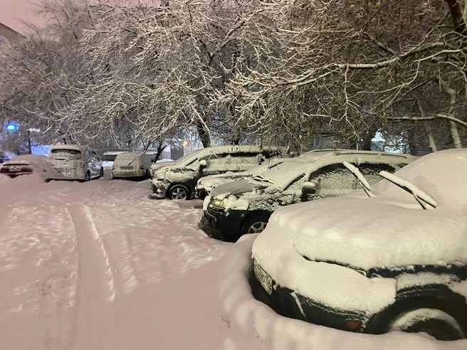 К утренним часам автомобили, припаркованные в жилых зонах, оказались полностью укрыты снегом. | Источник: Анастасия Хрипушина/NGS.RU