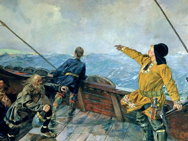 Картина Кристиана Крога «Лейф Эрикссон открывает Америку» (1893). Лейф, сын Эрика Рыжего, считается первым европейцем, достигшим берегов Америки. | Источник: Wikimedia Commons
