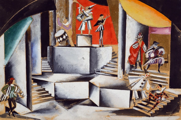 А. А. Веснин. Эскиз декорации к постановке пьесы У. Шекспира «Ромео и Джульетта» в Московском Камерном театре, 1921. Бумага, акварель, карандаш, краска золотая. | Источник: архив пресс-службы