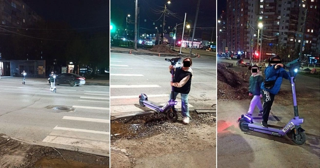 Дети младшего школьного возраста переезжают дорогу на самокатах. Кикшеринговые конторы называют подобное единичными случаями и не предпринимают решительных мер по исключению таких практик | Источник: читатель 74.RU