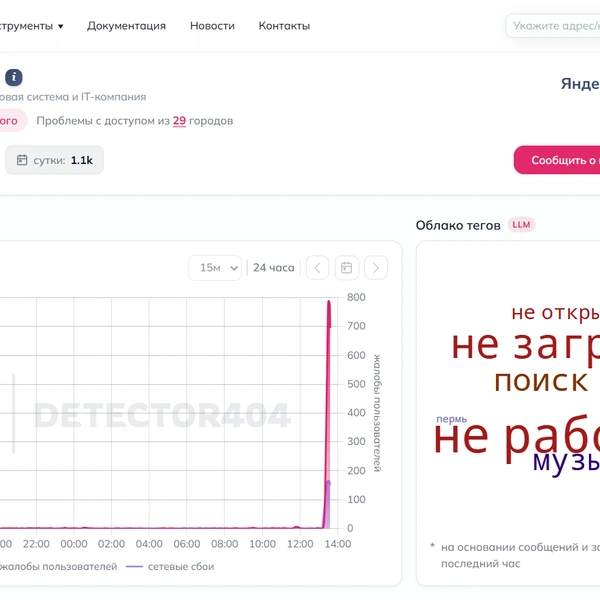 Кино, музыка, поисковик. Пользователи фиксируют сбои у сервисов «Яндекса»  | Источник: detector404.ru