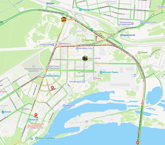 Из-за вставшего посреди Красавинского моста авто пробка растянулась до Судозавода | Источник: «Яндекс Карты»
