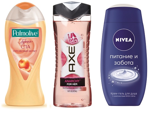 Palmolive Крем-гель для душа Гурмэ СПА «Персиковый Шербет»,AXE Гель для душа AXE ANARCHY, Nivea Крем-гель для душа «Питание и забота» | Источник: Архив пресс-служб
