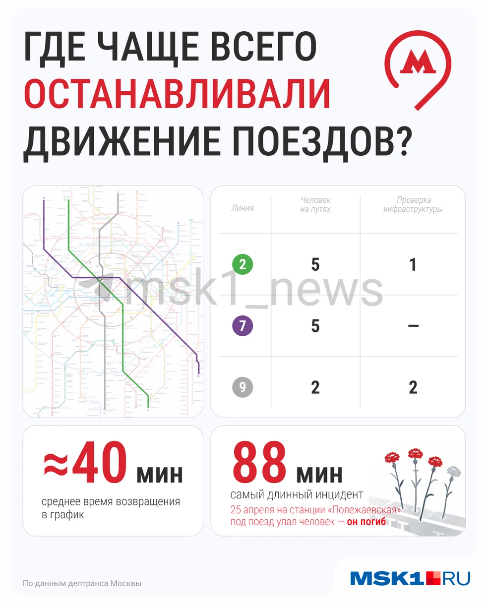 Ветки подземки, на которых чаще всего останавливались поезда | Источник: Серафима Пантыкина / Городские медиа