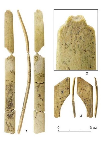 Украшения из Денисовой пещеры: 1 — диадема из кости, 2 — следы перфорации на конце диадемы из кости, 3 — диадема из бивня мамонта | Источник: Михаил Шуньков и др. / Проблемы археологии, этнографии, антропологии Сибири и сопредельных территорий, 2023