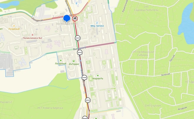 По данным 2ГИС, пробка растянулась на Волочаевской и Татьяны Снежиной | Источник: 2ГИС