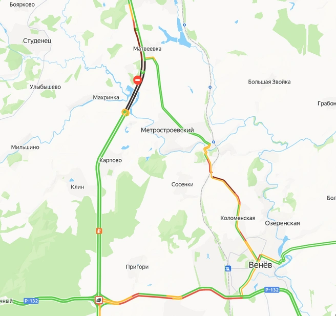 Дорожная ситуация под Венёвом сейчас | Источник: yandex.ru/maps