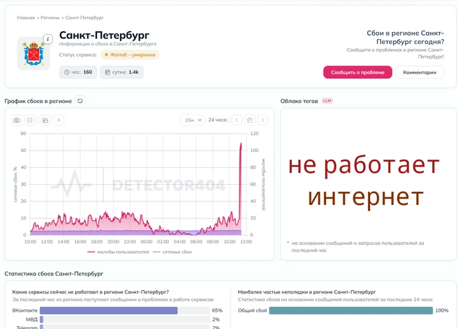 «Что ж такое!» Петербуржцы жалуются на работу мобильного интернета | Источник: Downdetector