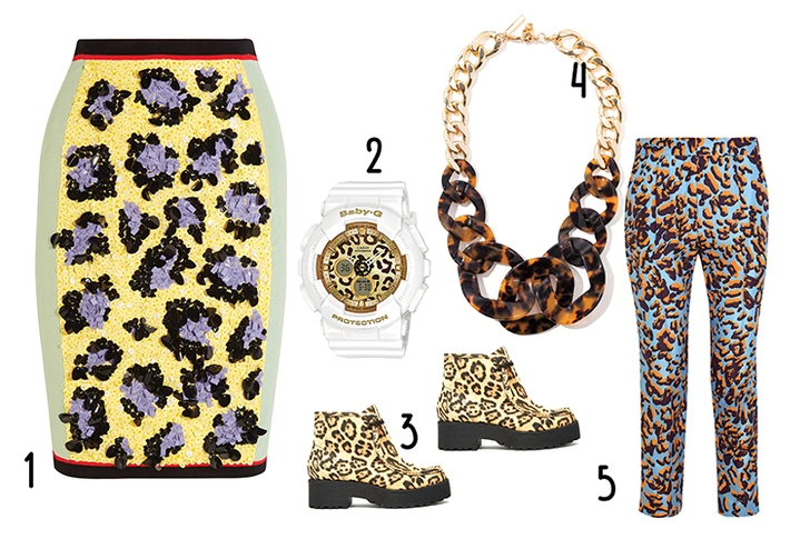 1. Юбка, Sibling. 2. Часы BABY-G. 3. Ботильоны, Asos. 4. Колье, Uterqüe.  5. Брюки, MSGM.