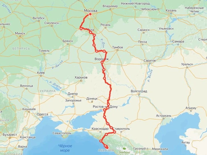 Маршрут поезда № 576Э Имеретинский Курорт–Москва Киевская на карте | Источник: Яндекс.Расписания / снимок экрана