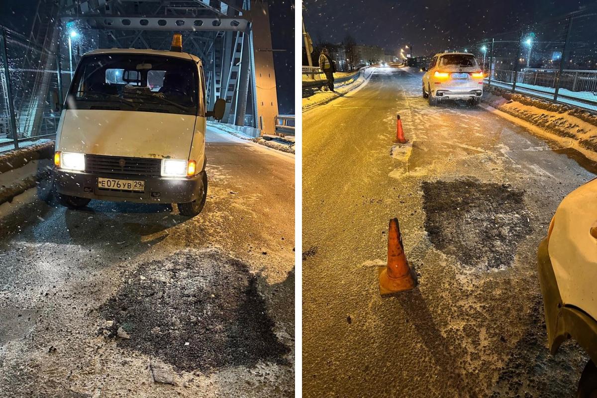 Очередную яму на ж/д мосту в Архангельске устранили временным асфальтом: так делали неделю назад