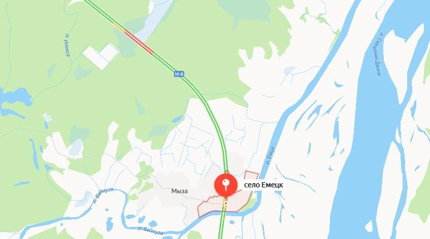 Место аварии приблизительно в пяти километрах от села Емецк | Источник: Яндекс Карты