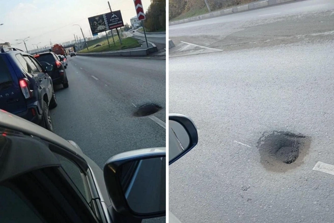 Колесо запросто может угодить в яму | Источник: «Аварийный Омск» / vk.ru