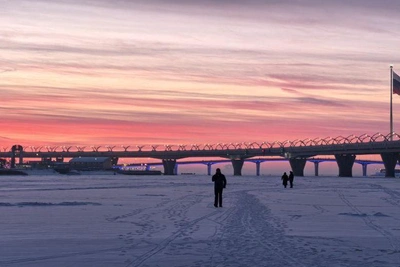Sunset in St. Petersburg colors sky in fiery hues