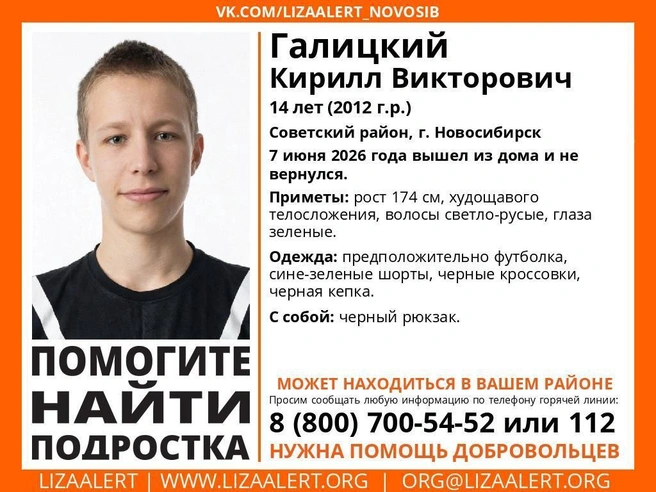 Подросток покинул дом 7 июня 2026 года и пропал | Источник: «Поисковый отряд ЛизаАлерт Новосибирской области» / «ВКонтакте»