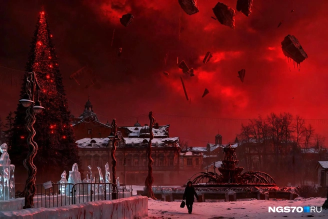 Вот так выглядит главная площадь города&nbsp;— Новособорная. Липкие лозы захватили фонарные столбы и фонтан | Источник: Юрий Скулыбердин / Городские медиа