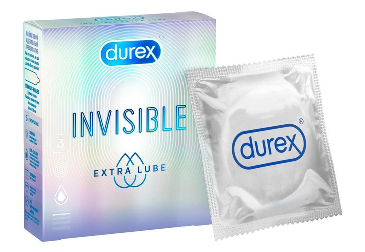 Презервативы ультратонкие из натурального латекса с дополнительной смазкой, Durex Invisible Extra Lube (3 шт.)