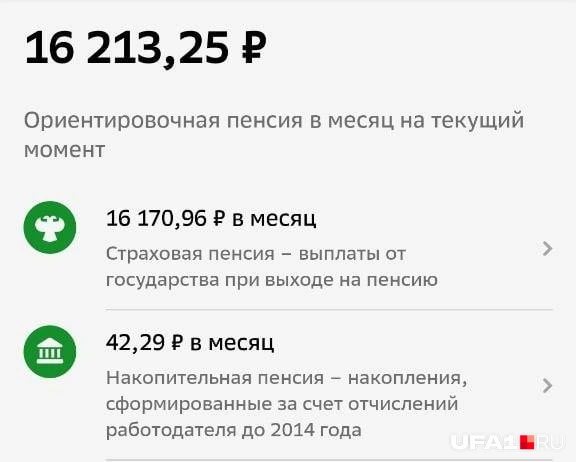 Ориентировочный расчет пенсии работника с 12-летним рабочим стажем | Источник: Скриншот с банковского приложения / UFA1.RU