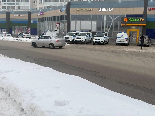 Автомобили полиции выстроились у входа в аквапарк «Аквамир» утром 17 марта. | Источник: Настасья Медведева / NGS.RU