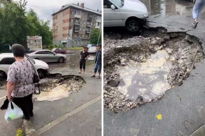 Автомобиль провалился в яму на Дачной в Новосибирске