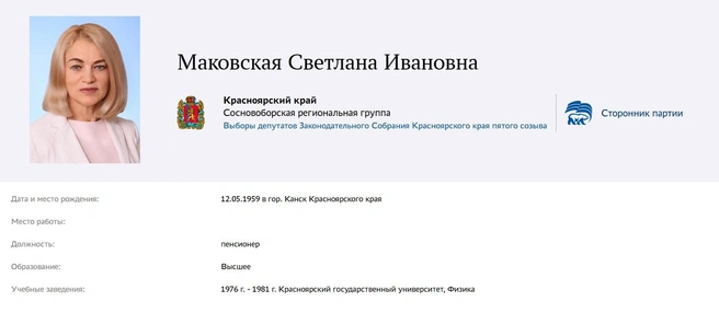 Карточка Маковской на сайте праймериз | Источник: pg.er.ru