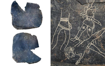 Археологи нашли табличку с алфавитом загадочного народа. Рядом зарисовка древнего художника