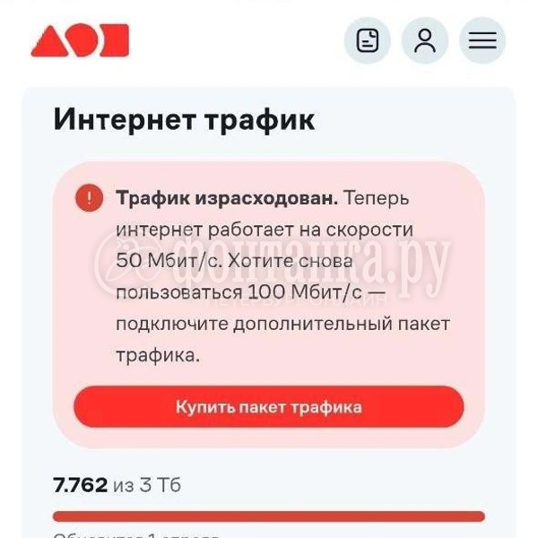Скорость интернета снижается при превышении 3 ТБ | Источник: скриншот личного кабинета «Дом.ру»