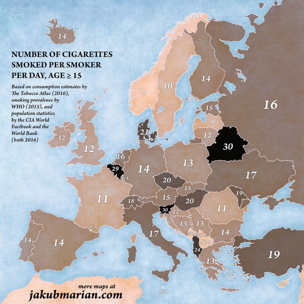Карта: сколько сигарет в день выкуривают в разных странах Европы