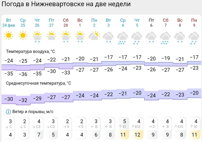 Прогноз погоды в Нижневартовске  | Источник: Gismeteo