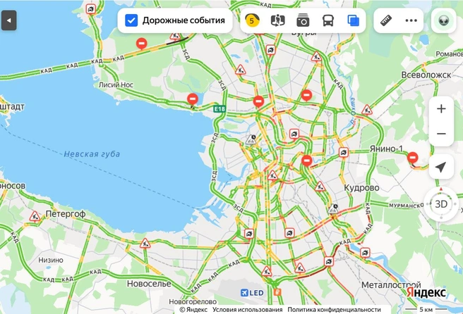 В Петербурге снова аномальные пробки | Источник: Яндекс.Карты